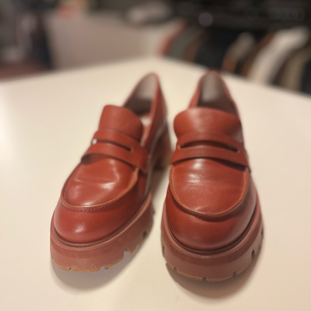 Marc Fisher 9.5 Latika lug sole penny loafer chunky platform burnt red/orange - Picture 3 of 16